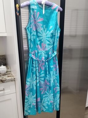 Malia Honolulu Hawaiian Floral Tropical Sleveless Dress  With Tie Belt, Vintage!
